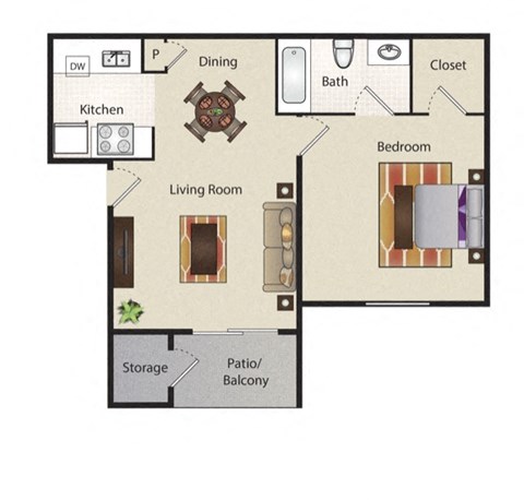 Floor plan for 1 bed, 1 bath, 519 sqft